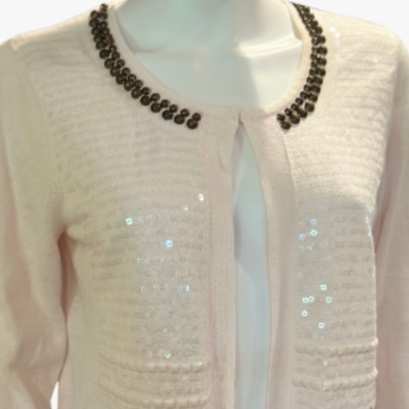 Beautiful Chicos Blush Pink Selene Soft Embellished Linen Blend Cardigan Sweater - Picture 3 of 10